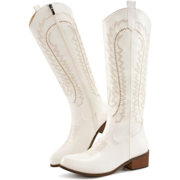 Women's White Embroidered Knee High Chunky Heel Pointed Zipper Tall Boots - Picture 5 of 7